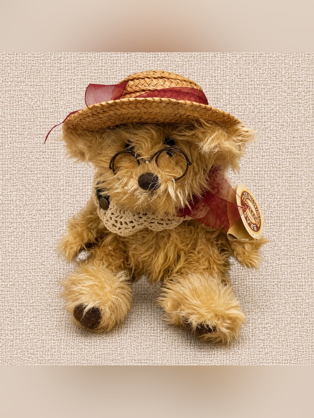 Vintage Crochet Teddy Bear with Straw Hat – Collector’s Display Piece